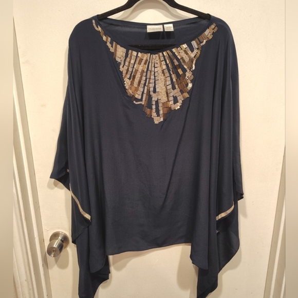 Chico's Women's Beaded Navy 100% Silk Poncho Top Sz M/L Avant Garde Old Money - Picture 1 of 7